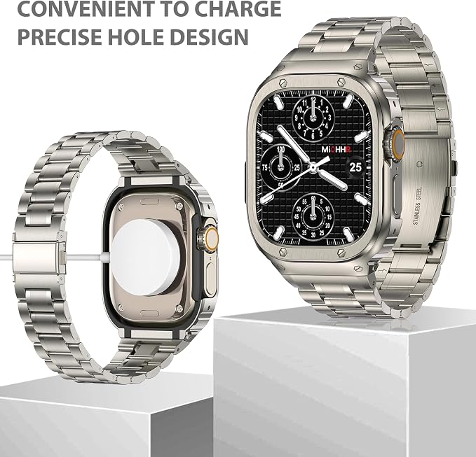 MioHHR Stainless Steel Watch Band with Case Compatible with Apple Watch Ultra3 2 1(49mm), Rugged Strap with Metal Protective Bumper Cover for iWatch Band Men(Titanium Color)