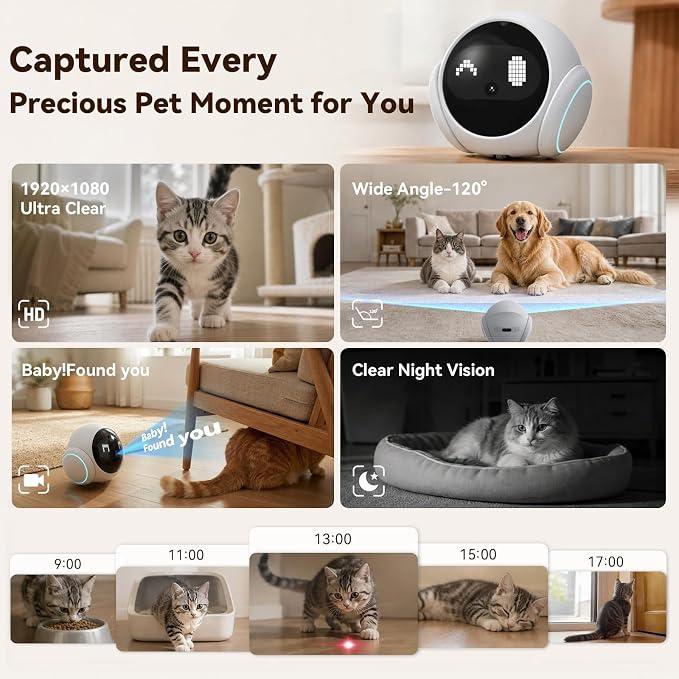 Vivideye Pet Camera 1080P, Movable Robot Security Camera for Dog Cat, Rolling Robot Indoor Camera with Talk,Battery-Operated, Auto-Recharge, Night Vision,SD/Cloud Storage, Pet/Human/Voice Detection