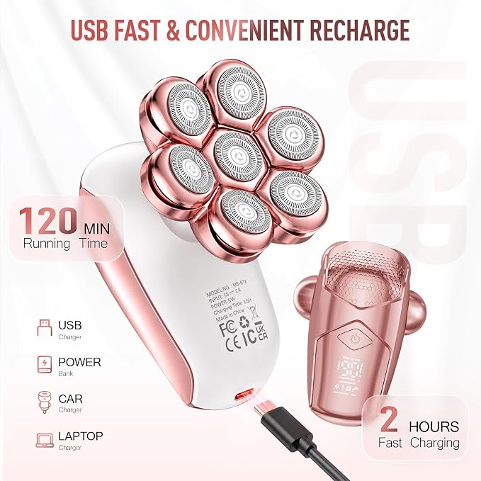 Electric Razors for Women Legs: 7D Floating Head Electric Shaver - IPX7 Waterproof Wet Dry Hair Remover - LED Display & Travel Lock for Body Face Bikini (Bright Pink)