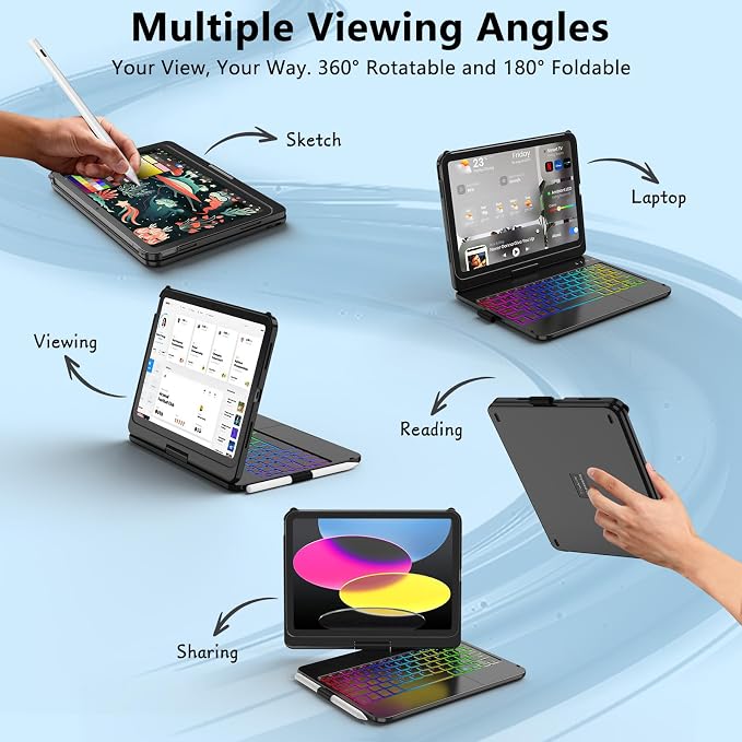 Touch Keyboard Case for iPad A16 11th Generation 2025/10th Generation 10.9 inch 2022,360° Rotatable for iPad 11th Generation Case with Keyboard- 7 Color Backlight Keyboard Case with Pencil Holder