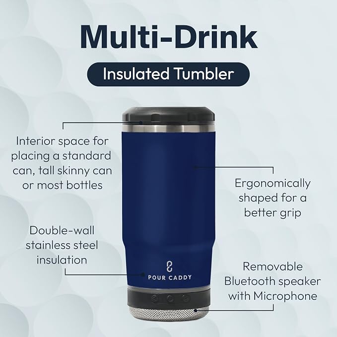Vibe 4 In 1 Bluetooth Speaker Cup, Insulated Can and Bottle Holder for Hot or Cold Drinks, Double Wall Stainless Steel Drinkware, Fits 12 oz Cans or 14 oz Liquid, Navy Blue