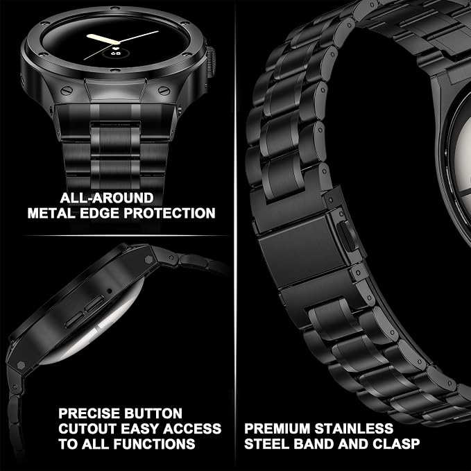 SUPLINK Stainless Steel Case and Band Compatible with Google Pixel Watch Bands, Metal Rugged Protector Cover Adjustable Bands for Pixel Watch Men, Black(Only for Pixel Watch 1 2022)