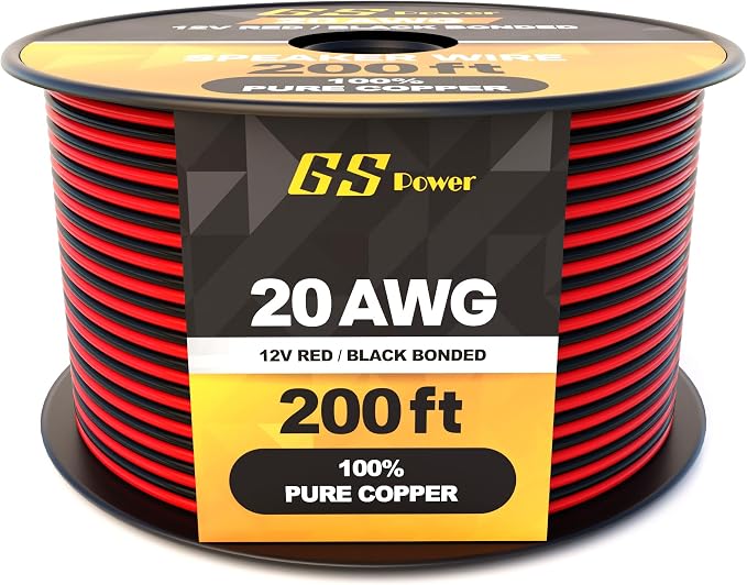 GS Power 20 Gauge Wire 200ft Oxygen Free, OFC Pure Copper Electrical 12v Low Voltage Speaker Wire Spool, 20AWG for Electric, Automotive, Trailer, Stereo, RC, Car, Home Theater, LED, Lamp Wiring