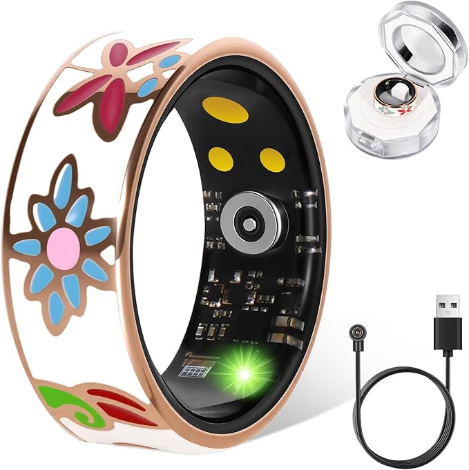 Smart Ring for Women & Men, Fitness Tracker with Heart Rate, SpO2, Blood Pressure & Sleep Monitoring, IP68 Waterproof, Long Battery Life, No Monthly Fees, for iPhone Android (7#&Floral)