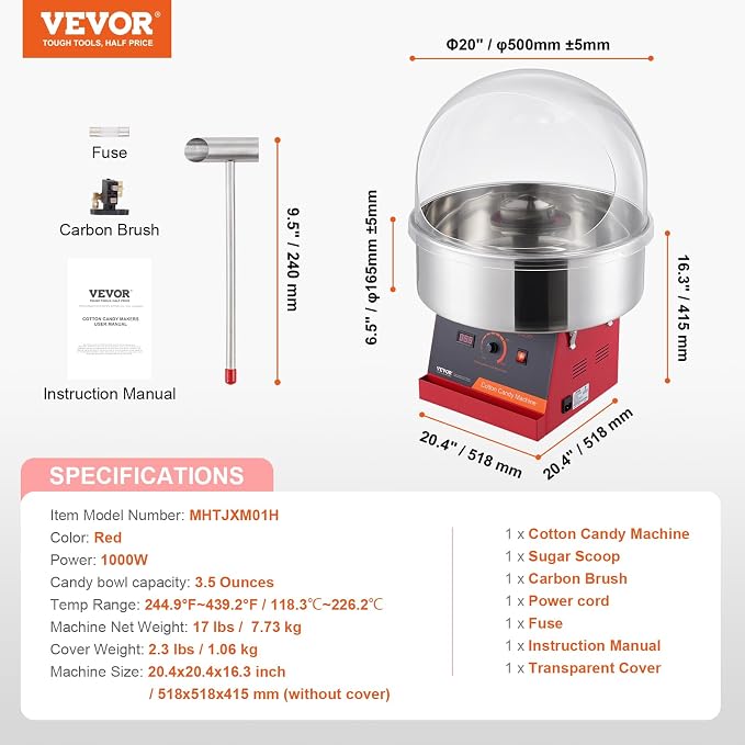 VEVOR Cotton Candy Machine Commercial, 1000W Electric Floss Maker with Cover, Stainless Steel Bowl, Sugar Scoop, Storage Drawer, Perfect for Home, Carnival, Kids Birthday, Family Party, Red
