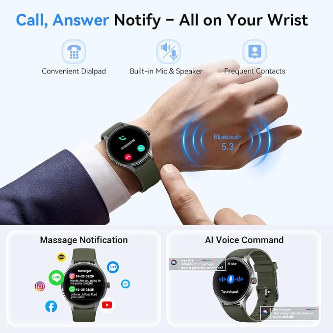 Smart Watches for Women Men, 1.27" Round Fitness Watch for Android iPhone with Bluetooth Calls (Make/Answer), AI Voice Command, Heart Rate/SpO2/Sleep Monitor, 12 Days Battery, IP68 Waterproof