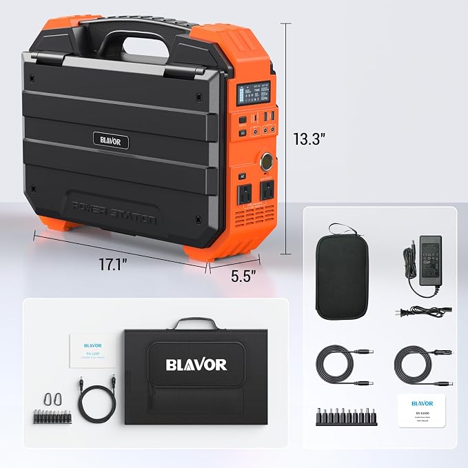 BLAVOR Portable Power Station with 120W Solar Panel, 1600W (Peak 3200W) Solar Generator Built-in Solar Panel, 1024Wh LiFePO4 Battery, 100W USB-C Fast Charge