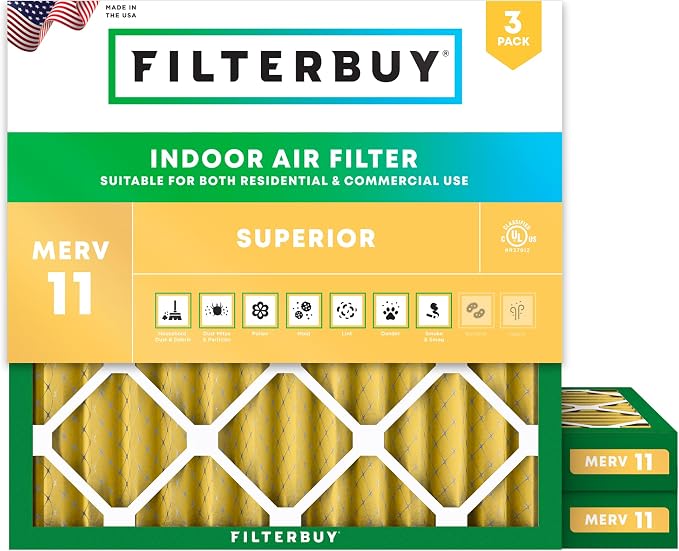 Filterbuy 24x24x2 Air Filter MERV 11 Superior Pet & Allergy Defense (3-Pack), Electrostatic Pleated HVAC AC Furnace Filters Replacement, Made in USA (Actual Size: 23.38 x 23.38 x 1.75)