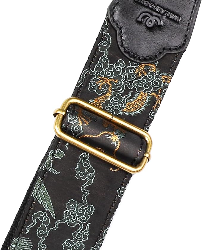 Guitar Strap, Electric& Acoustic Bass Guitar Straps,Embroidered Filament with Head Cowhide Leather Strap, with Free Strap Button,2 Guitar Strap Locks，4Guitar Pick (Golden Dragon)