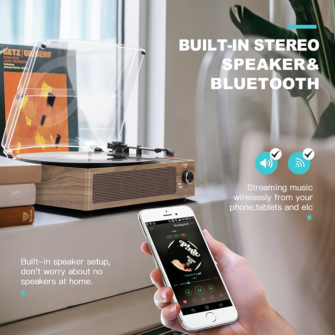 Record Player with Speakers Vintage Turntable for Vinyls Records Belt-Driven Turntables LP Vinyl Players Support Auto Stop 3-Speed 3 Size Wireless Playback Headphone AUX RCA Line Out Wood Retro Cyan
