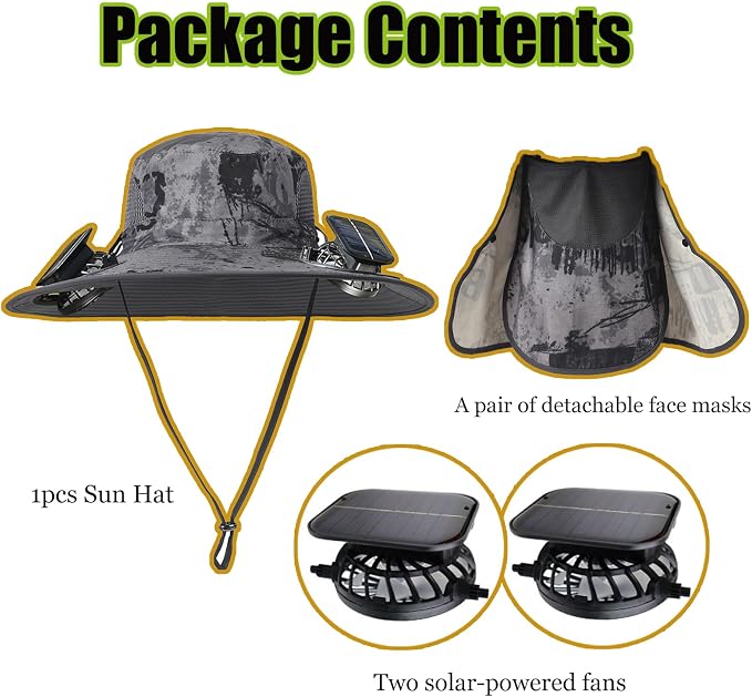Wide Brim Solar Fan Hat for Men Women, 2026 3-in-1 Detachable Solar Powered Fan Hat, with Removable Neck Cap and Face Mask