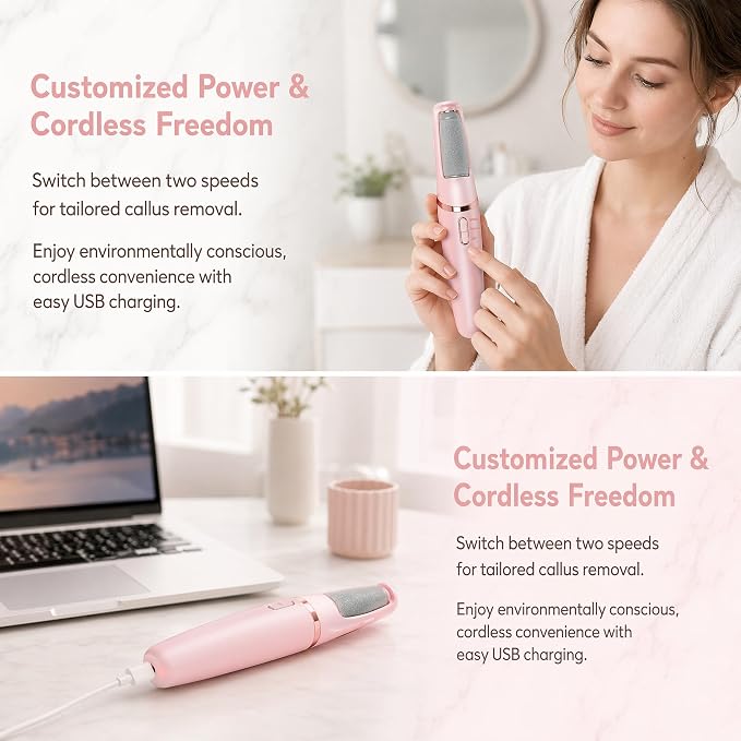 Electric Foot File and Callus Remover,Dual Roller Heads 2 SpeedsProfessional Pedicure Tools for Dry, Calluses, Dead, Cracked, Hard Skin,Equipped with 2 Grinding Heads and 1 USB&Cleaning Brush(Pink)