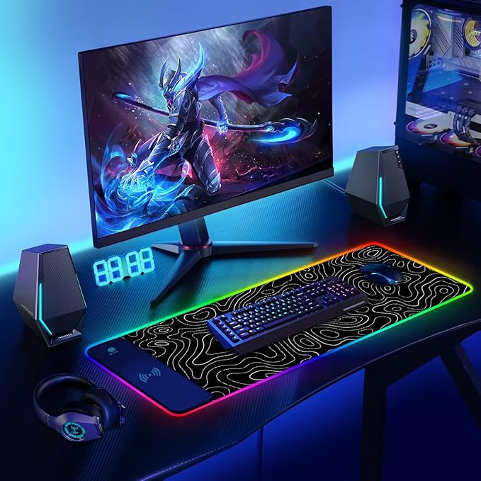 ToLuLu RGB Wireless Charging Gaming Mouse Pad, 7.5/10/15W 10 Light Modes LED Mouse Pad Computer Keyboard Mat Mousepad, 800x300x4MM Extended Large Desk Pad Desk Mat for Gamer, Red Blue Galaxy