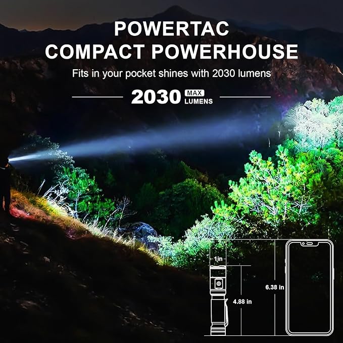 Powertac M6 G3 Tradesman Flashlight – 2030 Lumens, 330m Long Throw, Magnetic Tail, Rechargeable Compact EDC LED Light for Camping, Hiking, and Outdoor Use