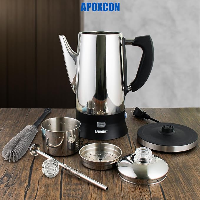 APOXCON Electric Coffee Percolator, Stainless Steel, with Glass Knob, Automatic Keep Warm, Cordless Serve,12 Cup