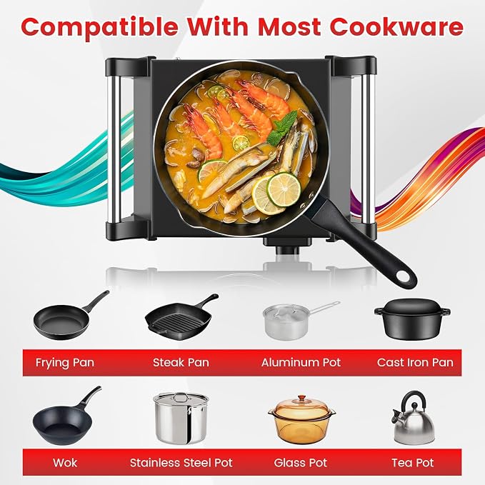 Electric Burner, Electric Hot Plate for Cooking Portable Cooking Stove, Countertop Burner Cooktop for Kitchen, Dorm, Temperature Control, Easy to Clean, Black