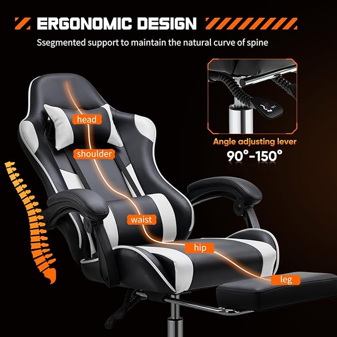 Heavy Duty Gaming Chair, Ergonomic Gamer Chair for Home Office with Footrest, Lumbar Support, Adjustable Backrest, Stable 360° Swivel Wheels for Adults, Professional Gamers and Teens, White