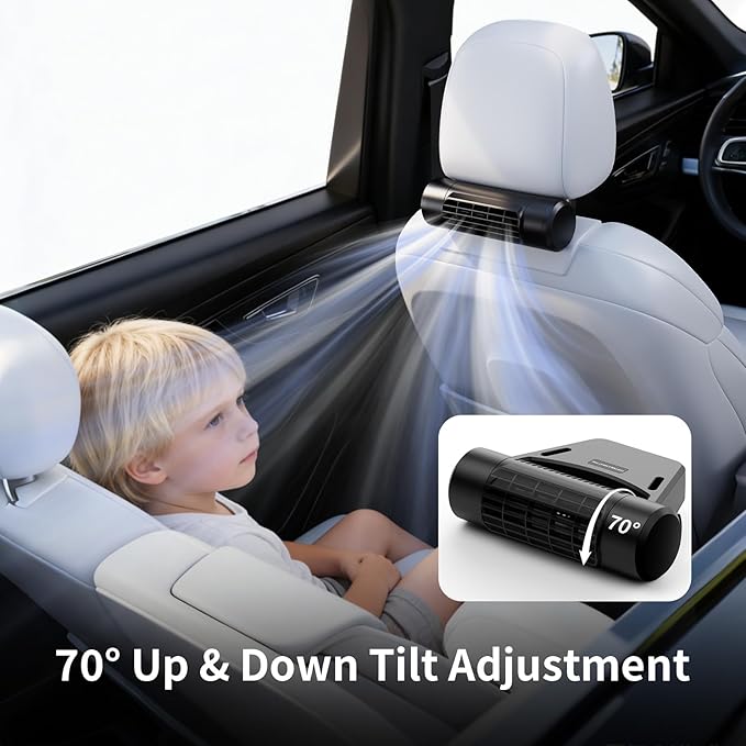 Socool 10000mAh Portable Car Fan Rechargeable Battery Powered, 4-Speed Car Seat Fans for Baby Kids Backseat Cooling, Mini Rear Headrest Neck Fan 70° Tilt Adjustment for RV Truck Van Travel