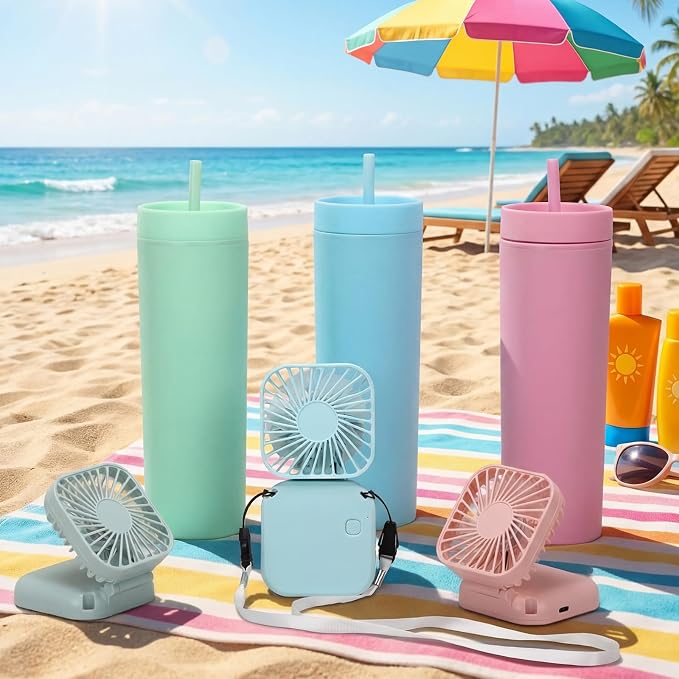 Reallnaive 6 Pcs Skinny Tumbler Bulk and Mini Portable Fans Set for Summer, 16 oz Plastic Cups with Lids Straws and Small USB Rechargeable Handheld Fan for Cooling Gift (Pink,Light Blue,Turquoise)