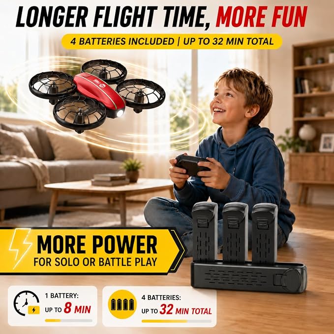 Holy Stone HS210FS Mini Drone for Kids Beginners, 2-Player Indoor RC Quadcopter Set with Battle Mode, 360° Flips, Circle Fly, Headless Mode, Altitude Hold, LED Lights, 4 Batteries