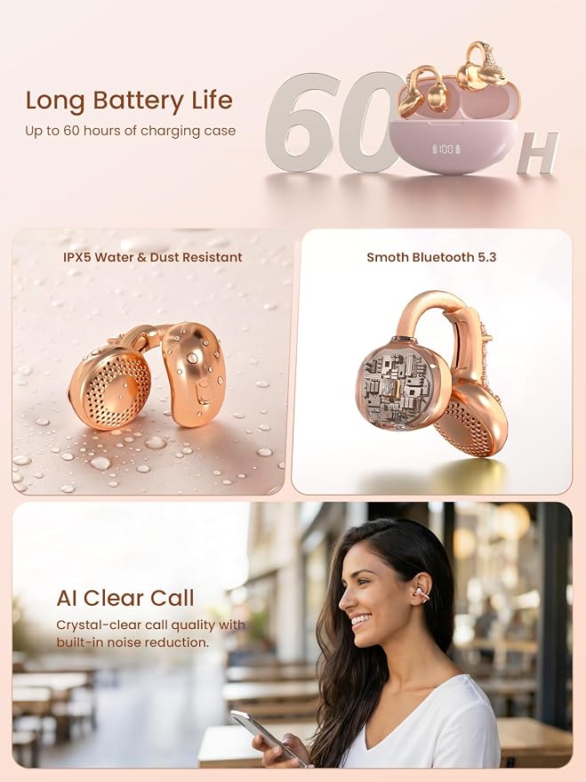 JewelPods C3 Wireless Bluetooth Earbuds, Jeweled Open-Ear Headphones, Pink | Ultra-Light Memory Wire Clip-On Earrings for All-Day Comfort, 60H Playtime, Sweat & Water Resistant, Premium Sound