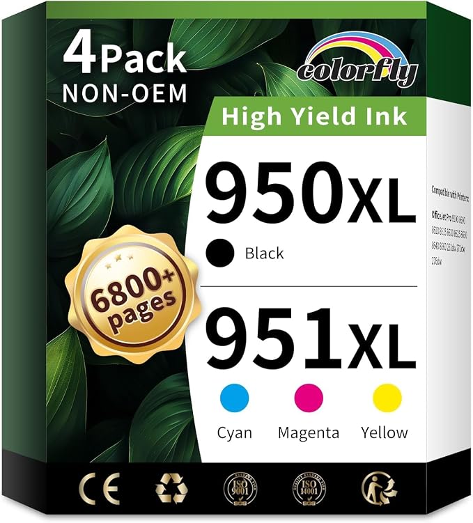 colorfly 950xl and 951xl Ink Cartridges Combo Pack Compatible for hp 950 951 Ink Cartridges Combo Pack Replacement with OfficeJet Pro 8600 8610 8620 8100 8630 8660 8640 8615(4 Pack)