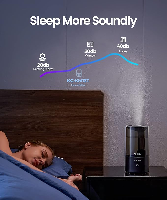 ROSEKM Humidifiers for Bedroom (1.1L), Small Cool Mist Humidifier for Home Plant and Baby Nursery, Quiet Ultrasonic Humidifier with 360° Nozzle, Auto Shut-Off, Filterless, Black