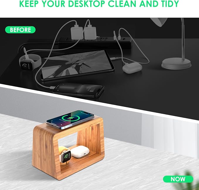 Bamboo Wireless Charging Station: Fast Charger Stand for iPhone 15/14/13/12/11 Pro Max/X/Xs Max/8, AirPods Pro, iWatch Series SE - 3-in-1 Dock