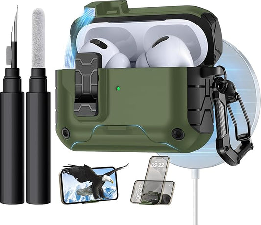 Lerobo for AirPods Pro 2 Case Cover, Hard Shockproof Cover with Phone Stand & Cleaning Kit Compatible with Magsafe, Magnetic Automatic Lock for AirPods Pro 1st & 2nd Generation Case, Army Green