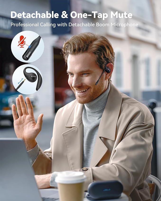 EMEET AirFlow Open Ear Headphones with Mic, Bluetooth 5.3 Wireless Headsets with Detachable Microphone, ENC Noise Cancelling, Multipoint Pairing, Ultra Comfort, Wireless Earbuds for Work, home, office