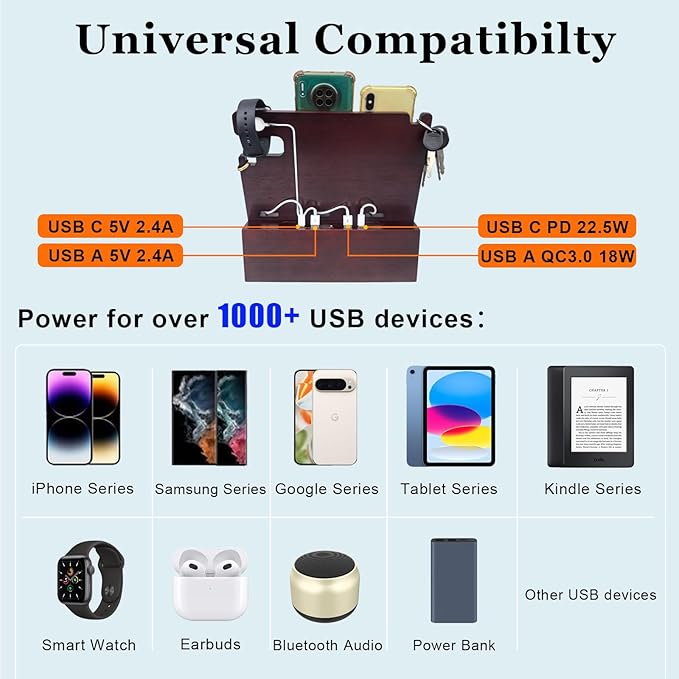 Nightstand Organizer with Drawer Built in 4 USB Charger, Wood Phone Docking Station with Dual Phone Charging Station for Apple Android Phones Anniversary Birthday Gifts for Men Dad Hunsband Mom