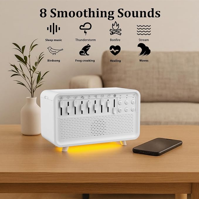 White Noise Sleep Sound Machine with 8 Nature Sounds, 3-Color Night Light, BT Speaker, 150ML Flame Aromatherapy Diffuser, 30/60/120 Min Sleep Timer, for Adults, Kids & Babies