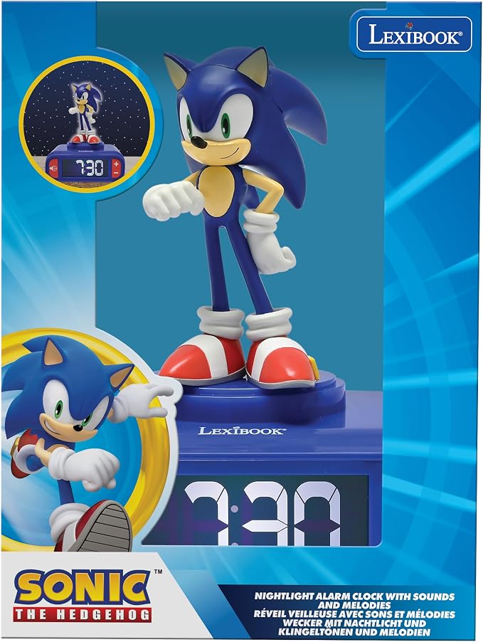 LEXIBOOK Hedgehog, Sonic Night Light Alarm Clock, Sounds and Melodies, Backlit LCD Screen, Luminous, Snooze, Blau