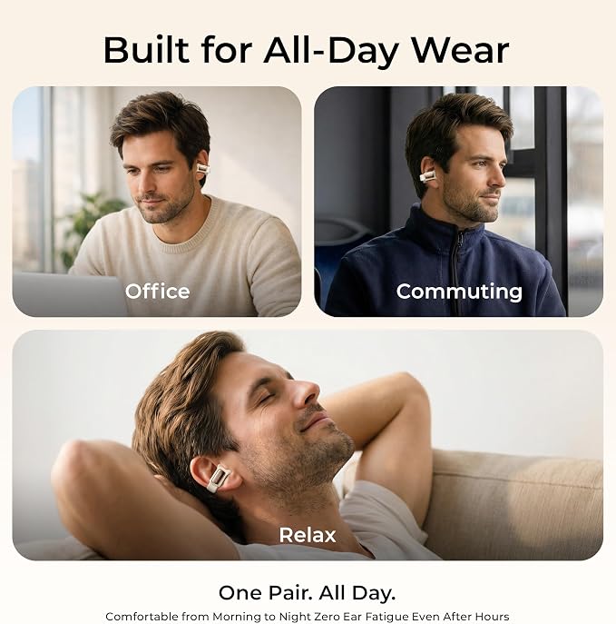 LC-dolida Open-Ear Wireless Earbuds with Smart LED Display Case, Clip On Earbuds All-Day Comfort & Situational Awareness, Case Control for Volume, EQ, Music, Find My Earbuds & Camera, Timer (Cream)