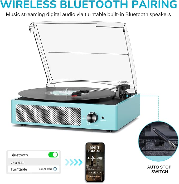 Vinyl Record Player with 2 Stereo Speakers Belt-Driven Vintage Turntables 3 Speed 3 Size Wireless Bluetooth Playback AUX-in RCA Out Headphone LP Vinyl Players Auto Stop Sky Blue