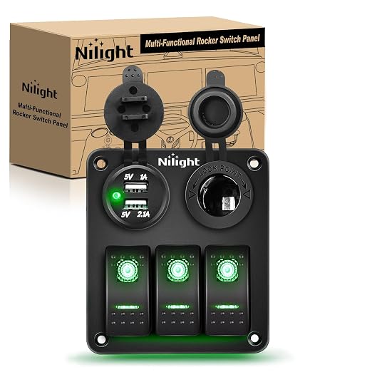Nilight 3 Gang Rocker Switch Panel with USB Charger and Cigar Lighter 12V 24V Toggle ON Off Green Night Glow Stickers for Cars Rvs Trucks