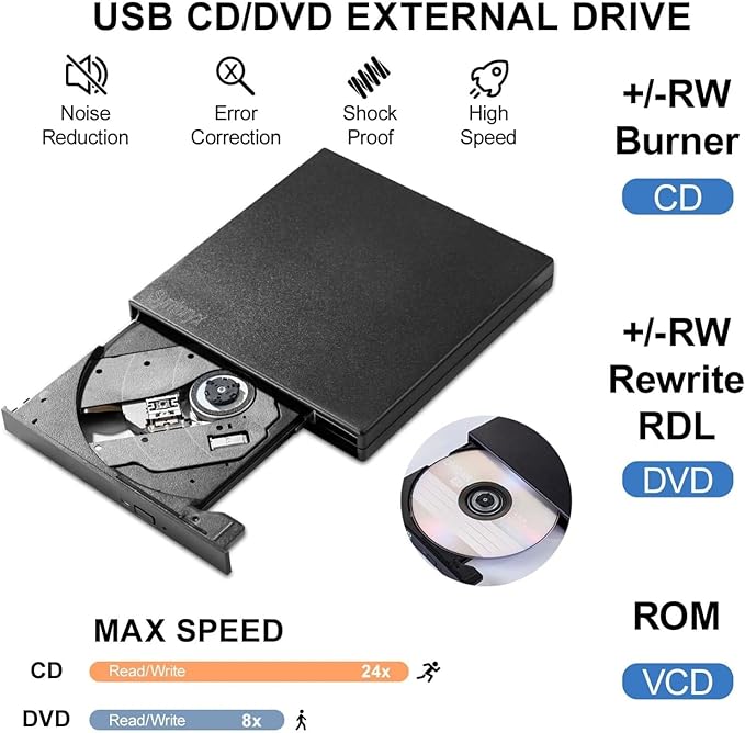 External CD DVD Drive USB and Type-C, Portable Slim CD/DVD +/-RW Burner Reader Writer Player for Laptop Desktop PC Mac Windows Linux OS Apple (Matte Black (with Protective Case))