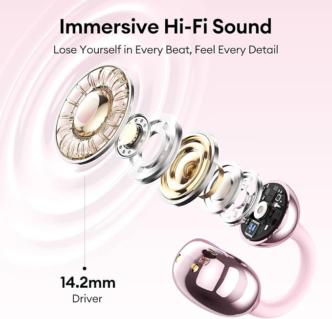 PAXA Stylish Open Ear Clip On Earbuds with Removable Butterfly Earring, Clip On Headphones with LCD Touch Screen, Fashionables Open Ear Headphones for Women, Bow Tie Earring Rose Gold Earbuds M100