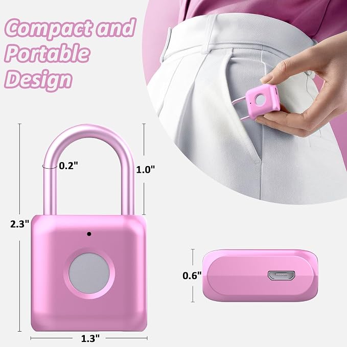 Pothunder Fingerprint Padlock, Smart Padlock, Locker Lock, Combination Lock, Fingerprint Lock with APP Unlock, USB Rechargeable, Suitable for Gym Locker, Door, Locker(Pink)