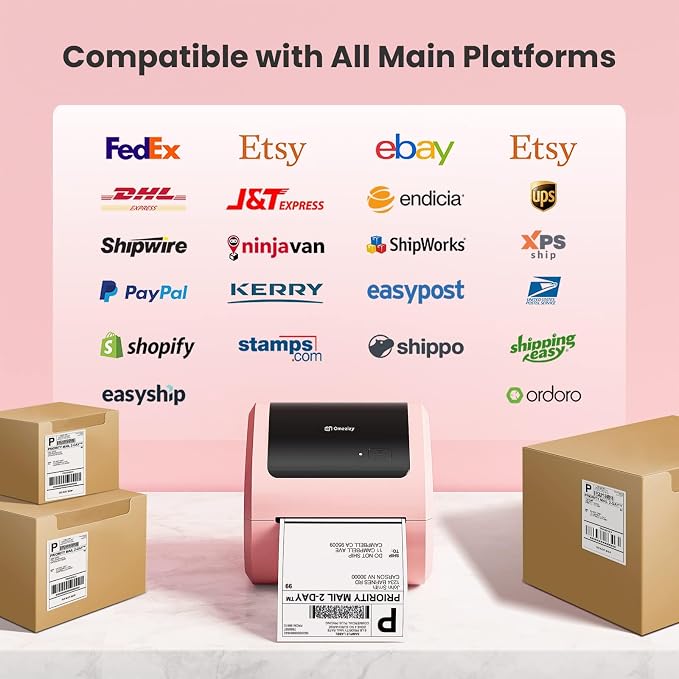 Bluetooth Shipping Label Printer with 1 Roll Labels - D520BT Pink Thermal Label Printer, Thermal Printers with Built-in Label Holder, Come with 500PCS 4x6‬ White Labels (500 Labels/Roll)