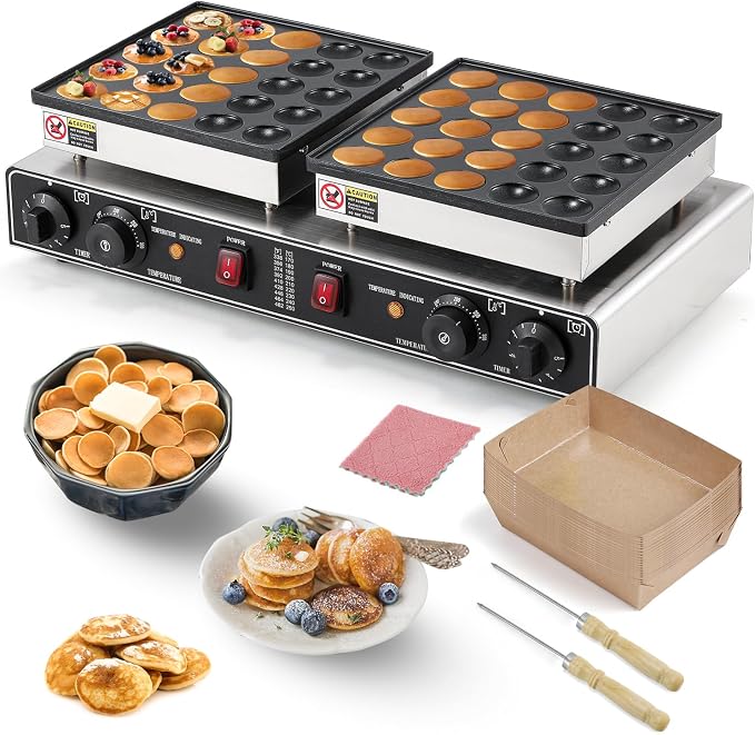 Moongiantgo Mini Pancake Maker Dual Plate 50pcs for Dessert Non-Stick Electric Dutch Pancake Baker Stainless Steel, Poffertjes Dorayaki Machine with Temp&Time Control for Snack Home Restaurant, 110V