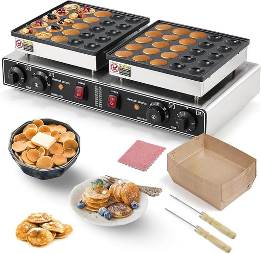 Moongiantgo Mini Pancake Maker Dual Plate 50pcs for Dessert Non-Stick Electric Dutch Pancake Baker Stainless Steel, Poffertjes Dorayaki Machine with Temp&Time Control for Snack Home Restaurant, 110V