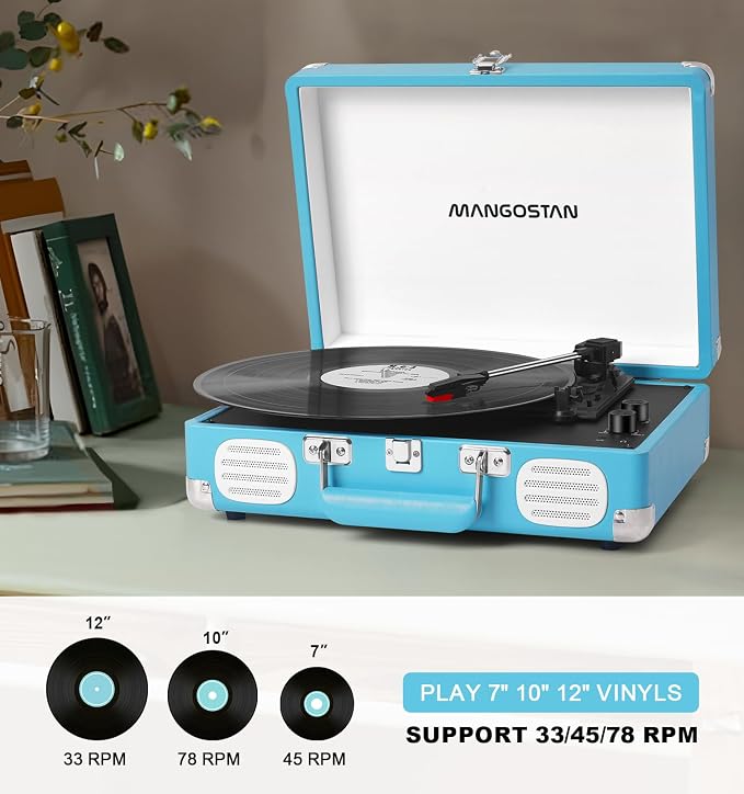 Record Player 3 Speed Bluetooth Portable Suitcase, Vinyl Phonograph with Built-in Bass & Speakers, Belt-Driven LP Player Support AUX-in RCA Line Out Headphone Jack, Blue