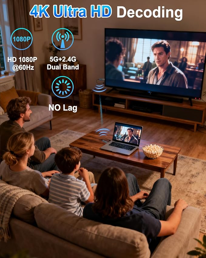 2026 Upgraded Wireless HDMI Transmitter and Receiver 328FT/100M, Plug & Play 5G+2.4G Wireless HDMI Extender Kit Display Adapter, 4K Decode 1080P Output, for Audio to Monitor from PC/Projector/TV Box