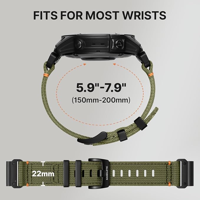 Bandletic Compatible with Garmin Instinct Watch Bands - 22mm Quick Fit Rugged Nylon Strap for Fenix 8 E 47mm/7 6 Pro/5 Plus/Instinct 2 3 E 45mm /Forerunner 965/955/945 /Approach S70/S62/S60/Epix Pro