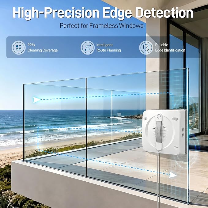 Window Cleaning Robot, 5000Pa Sauction with 4 Water Spray, 10-Stage Protection System, Intelligent Path Planning, 3 Cleaning Modes, Edge Detection for High Glass, Tiles, Mirror
