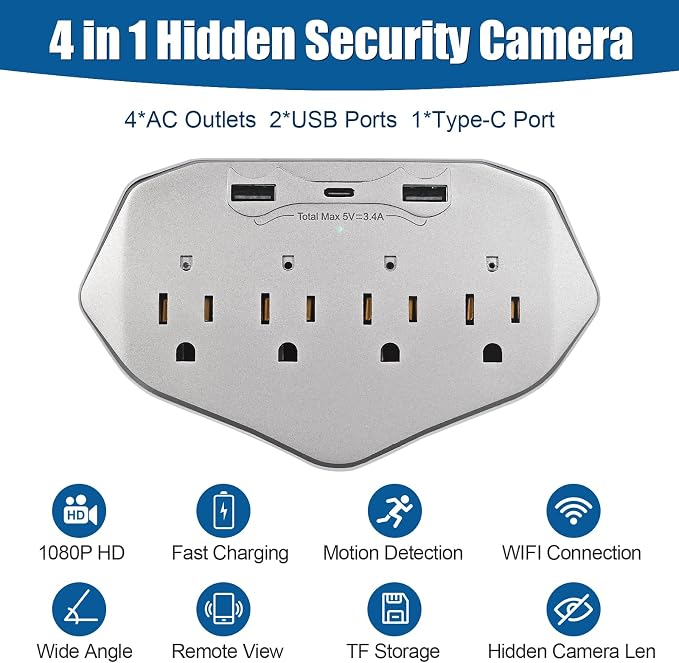 1080P HD Wireless Wall Outlet Charger Security Camera with 45W Fast Charging Station USB-C & USB-A, Home Security Camera for Baby and Pet WiFi Enabled