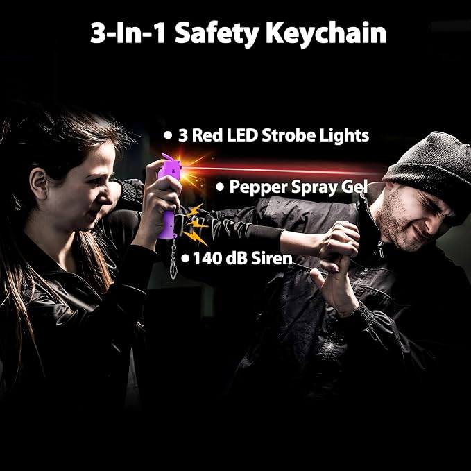 3-in-1 Pepper Spray Personal Alarm, 12ft Quick Release Gel UV Dye, 140dB Siren 3 Red Strobe, Women Wife Daughter Mother Girlfriend Love Safety Gift, Rechargeable, Refill Canister, Birthday Graduation