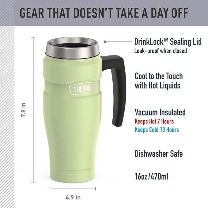 THERMOS Stainless King Vacuum-Insulated Travel Mug with Handle - 16oz, Matte Green Tumbler for Hot & Cold Drinks - Leak & Sweat-Proof Stainless Steel Coffee Mug with Lid for Commuting