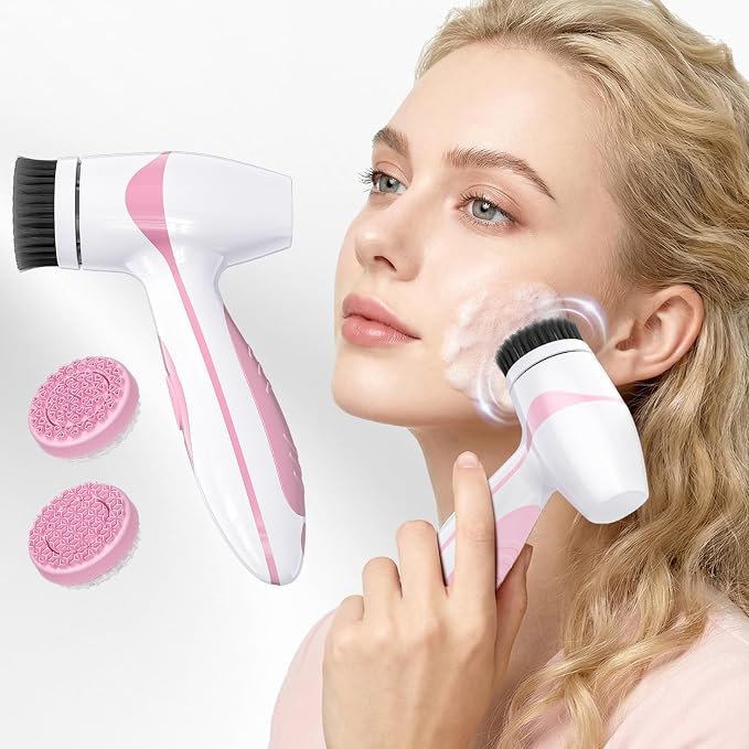 Rechargeable Facial Cleansing Brush – Dual Rotating Electric Face Scrubber with 3 Brush Heads, Waterproof Exfoliator for Deep Cleansing, Valentine's Day Gifts for Her, Mom (Pink)